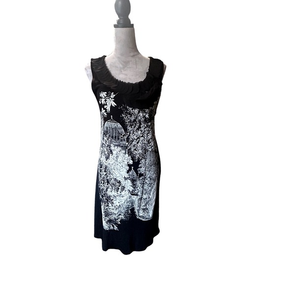 MNG by Mango Black Sleeveless Sheath Dress Garden Print Ruffle Trim Size L - Picture 1 of 6